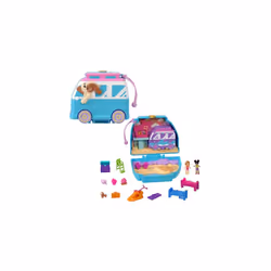 Polly Pocket Dolls and Playset, Travel Toy with Fidget Exterior, Seaside Puppy Ride Compact with 11 Accessories, HRD36