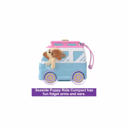 Polly Pocket Dolls and Playset, Travel Toy with Fidget Exterior, Seaside Puppy Ride Compact with 11 Accessories, HRD36