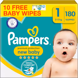 Pampers Premium Protection New Baby Size 1, 180 Nappies, 2kg-5kg, Monthly Pack + Pampers Harmonie Aqua Baby Wipes 10 Count