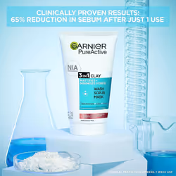 Garnier Pure Active 3in1 Clay Mask-Wash-Scrub 150ml, With Clay, Eucalyptus & Salicylic Acid, Face Cleanser For Oily Skin, Packaging May Vary
