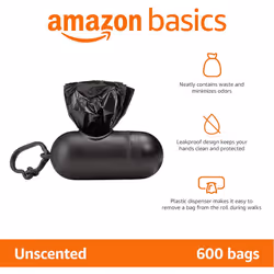 Amazon Basics Dog-Waste Bags With Dispenser and Lead Clip, Unscented, 600 Count, 40 Pack of 15
