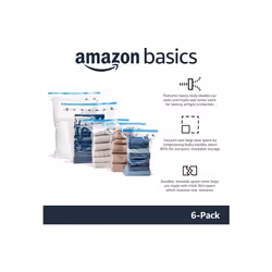 AMAZON BASICS Multiple Vacuum Compression Zipper Storage Bags with Hand Pump 6-Pack (2 Jumbo, 2 Large, 2 Medium), Clear