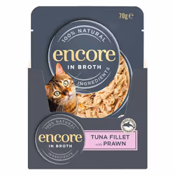 Encore 100% Natural Wet Cat Food Tuna Fillet with Prawn in Broth Pack of 16 x 70g Pouches