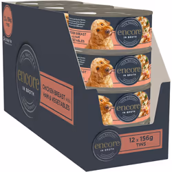 Encore 100% Natural Wet Dog Food, Chicken Breast with Ham and Vegetables in 156g Tin (Pack of 12)