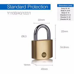 Yale Y110B/40/122/1 - Brass Padlock (40 mm) - Indoor Lock for Locker, Backpack, Tool Box - 3 Keys - Standard Security