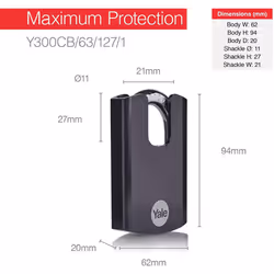 Yale Y300CB/63/127/1 Maximum Protection Hardened Steel Outdoor Padlock 62mm Boron Shackle - Double Locking - 3 Retaining Keys