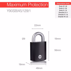 Yale Y90SB/45/129/1 Maximum Protection Hardened Steel Padlock 48 mm - Black Finish - Boron Shackle - Double Locking - 3 Retaining Keys