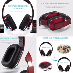 August EP650 Bluetooth Wireless Headphones - Custom Sound Control with Android/iOS App and Bluetooth v4.2, NFC and aptX LL Low Latency - [Red]
