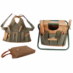 Garden Tool Stool, Kneeling Pad & Ladies Apron Set (Khaki/Brown)