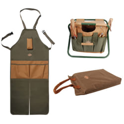 Garden Tool Stool, Kneeling Pad & Split Leg Apron Set (Khaki/Brown)