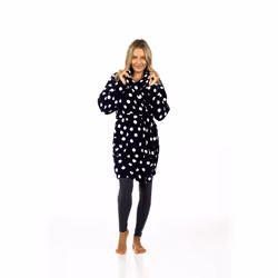) Turtle Navy Robe Womens Luxury Dressing Gown Clouds All Over Fleece Long Gown - M (Medium