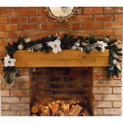 1.8M (6ft) White Poinsettia Christmas Garland Silver Balls Glitter Snow Flocked