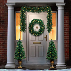 Set of 4 Pre Lit Christmas Door Decoration Kit - 90cm Trees / Garland & 60cm Wreath