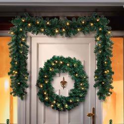 Set of 4 Pre Lit Christmas Door Decoration Kit - 90cm Trees / Garland & 60cm Wreath