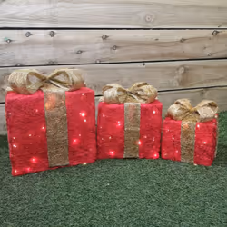 Premier Battery Operated set of 3 Lit Red Parcels with Gold Bow - Warm White Lights