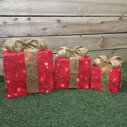 Premier Battery Operated set of 3 Lit Red Parcels with Gold Bow - Warm White Lights