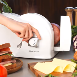 Progress EK3683P Compact Meat Slicer, Electric Food Cutter, 150 W, 3 Speed, 1-15mm Adjustable Cutting Thickness, Stainless Steel Blade, Thumb Guard, S