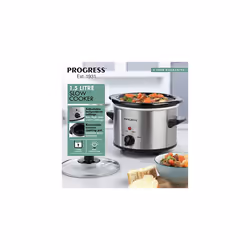 Progress EK2621P Stainless Steel Slow Cooker With Lid - 3 Heat Settings, 1.5L Removable Easy Clean Ceramic Bowl, Serves 1-2 People, Energy Efficient,