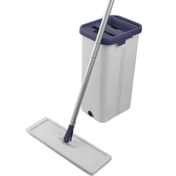 LA030223FEU7 Deep Clean Flat Mop & Bucket Set, Dual Compartment Self-Wringing Dirt Scraper 5.5L Bucket, Washable/Reusable Microfibre Head,