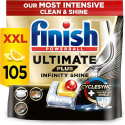 Finish Ultimate Plus Infinity Shine Dishwasher Tablets bulk | Scent : Lemon | Size: 105 Dishwasher Tabs |For Superb Clean and Diamond Shine, packaging