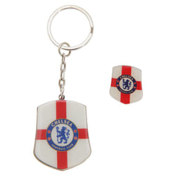 Chelsea FC Official England St George Flag Metal Football Pin Badge & Keyring Set