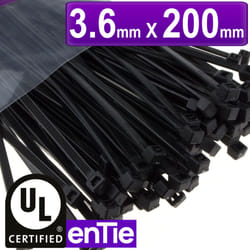 enTie Black Cable Ties 3.6mm x 200mm Nylon 66 UL Approved [100 Pack]