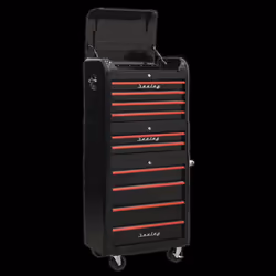 Retro Style Topchest, Mid-Box & Rollcab Combination 10 Drawer - Black with Red Anodised Drawer Pulls