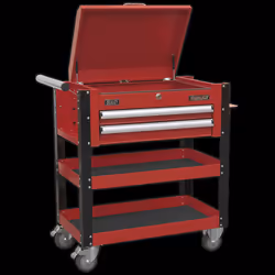 Heavy-Duty Mobile Tool & Parts Trolley 2 Drawers & Lockable Top - Red