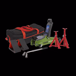 Trolley Jack 2 Tonne Low Entry Short Chassis & Accessories Bag Combo - Hi-Vis Green