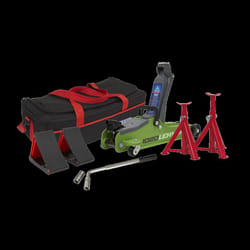 Trolley Jack 2 Tonne Low Entry Short Chassis & Accessories Bag Combo - Hi-Vis Green