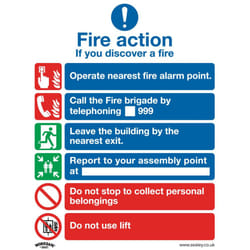 Sealey Worksafe&reg; Fire Action With Lift Safety Sign, Self-Adhesive Vinyl - Pack of 10 SS19V10