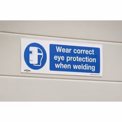 Mandatory Safety Sign - Wear Eye Protection When Welding - Self-Adhesive Vinyl - Pack of 10