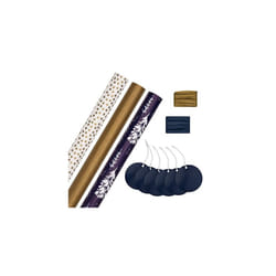 Blue and Gold Christmas Gift Wrapping Compendium - 3 Rolls of Paper in Designs with 6 Co-ordinating Tags 2 Raffia Ribbon, Navy Compendium Pack