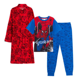 Boys Spiderman Dressing Gown + Spiderman Pyjamas Matching 3pc Set Bathrobe + Pjs - 7-8 Years