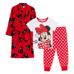 Girls Minnie Mouse Dressing Gown + Pyjamas 3pc Matching Set Red Bathrobe + Pjs - 7-8 Years