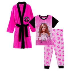 Girls Barbie Dressing Gown + Pyjamas 3pc Matching Set Red Bathrobe + Pjs - 5-6 Years