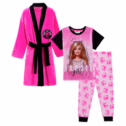 Girls Barbie Dressing Gown + Pyjamas 3pc Matching Set Red Bathrobe + Pjs - 9-10 Years