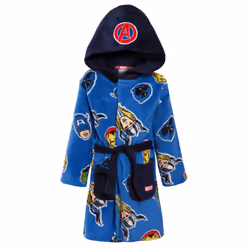 Avengers Dressing Gown For Boys Marvel Super Hero Kids Dress Up Hooded Bath Robe - Blue, 4 Years