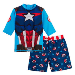 Captain America Swim Shorts + Rash Vest 2 Piece Swim Set Surf Top + Board Shorts - 2-3 Years