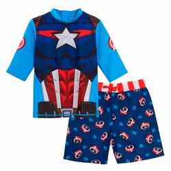 Captain America Swim Shorts + Rash Vest 2 Piece Swim Set Surf Top + Board Shorts - 7-8 Years
