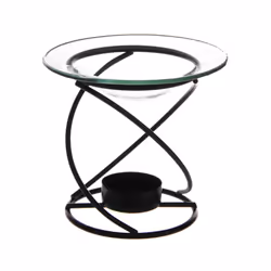 Thin Spiral Black Metal Oil & Wax Burner with Glass Dish