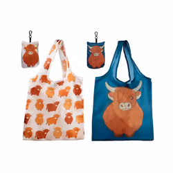 Handy Fold Up Highland Coo Cow Shopping Bag with Holder