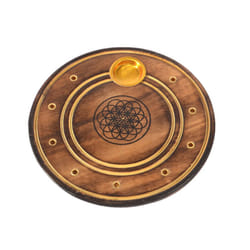 Mango Wood Round Flower of Life Ashcatcher Incense Sticks & Cones Burner