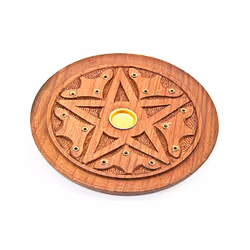Sheesham Wood Round Ashcatcher Incense Sticks and Cones Burner with Carved Star