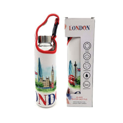 Reusable 500ml Glass Water Bottle with Protective Neoprene Sleeve - London Icons