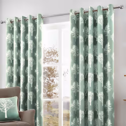 Fusion - Woodland Trees - 100% Cotton Ready Made Lined Eyelet Curtains - 66" Width x 54" Drop (168 x 137cm) in Duck Egg Blue