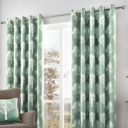 Fusion - Woodland Trees - 100% Cotton Ready Made Lined Eyelet Curtains - 66" Width x 54" Drop (168 x 137cm) in Duck Egg Blue
