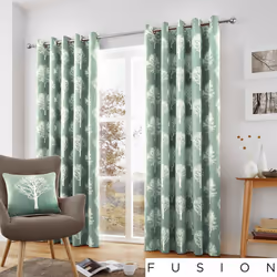 Fusion - Woodland Trees - 100% Cotton Ready Made Lined Eyelet Curtains - 66" Width x 54" Drop (168 x 137cm) in Duck Egg Blue