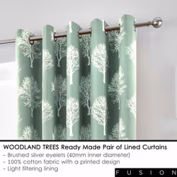 Fusion - Woodland Trees - 100% Cotton Ready Made Lined Eyelet Curtains - 66" Width x 54" Drop (168 x 137cm) in Duck Egg Blue