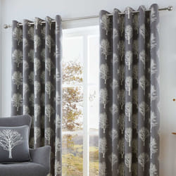 Fusion - Woodland Trees - 100% Cotton Ready Made Lined Eyelet Curtains - 46" Width x 54" Drop (117 x 137cm) in Charcoal Grey